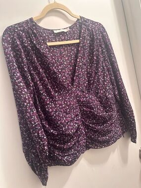 Lush Floral Ruched V-Neck Long Sleeve Top - Purple